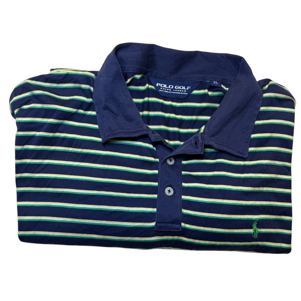 Polo Golf Ralph Lauren Polo Shirt XL Navy Green Yellow Stripe Pima Cotton Peru